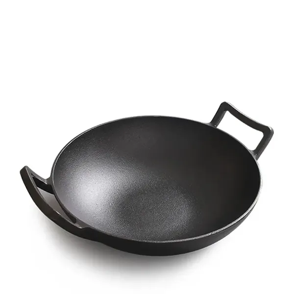 Chinese Traditional black round pre-flavored Non Stick pan 32/36cm thickened flat cast iron wok with double handle