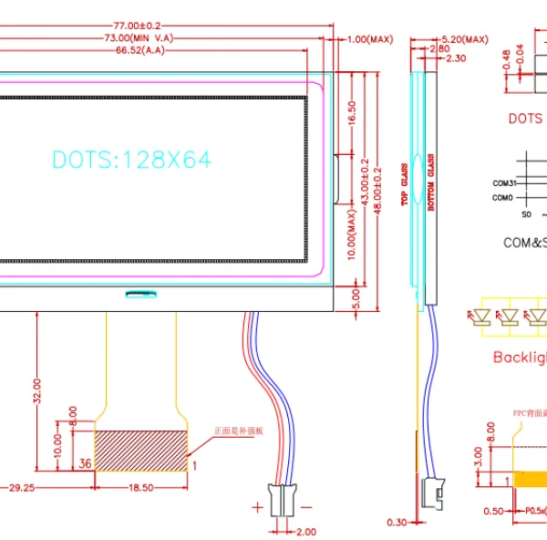 Графический ЖК-дисплей LCD12864 Cog 12864 с параллельным интерфейсом, ЖК-дисплей с FPC 128X64 точечной матрицей. Габариты: 77*48 мм