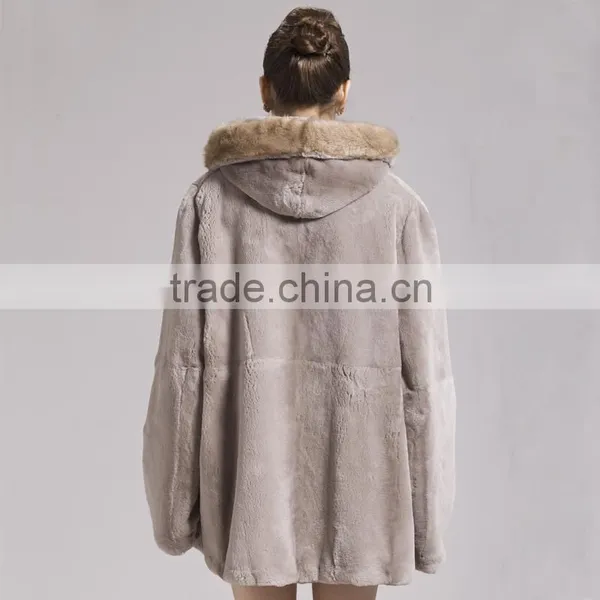 QD29281 Fashionable Europe Styles Raccoon Fur Collar Rex Rabbit Fur Coat For Sale photo-3