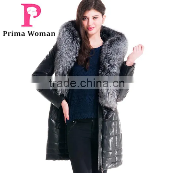 2015 Winter Medium Length Women Leather Jacket With Brown Fox Hat Overcoat photo-2