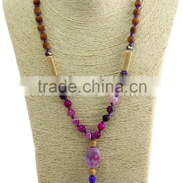 Unisex Women Wooden Beaded Necklace Gemstone Pendant Necklace With Tassel photo-6
