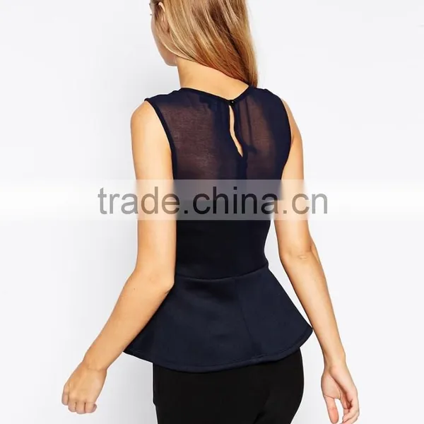New Design Crew Neckline Peplum Top With Mixed Fabric photo-3