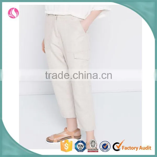 Ladies Linen Cotton Drawcord Khaki Cargo Pant for Women