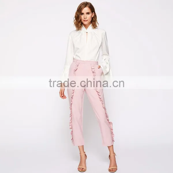 Frilled Women's Tailored Fitted Pants High Waist Pink Cropped Trousers photo-2