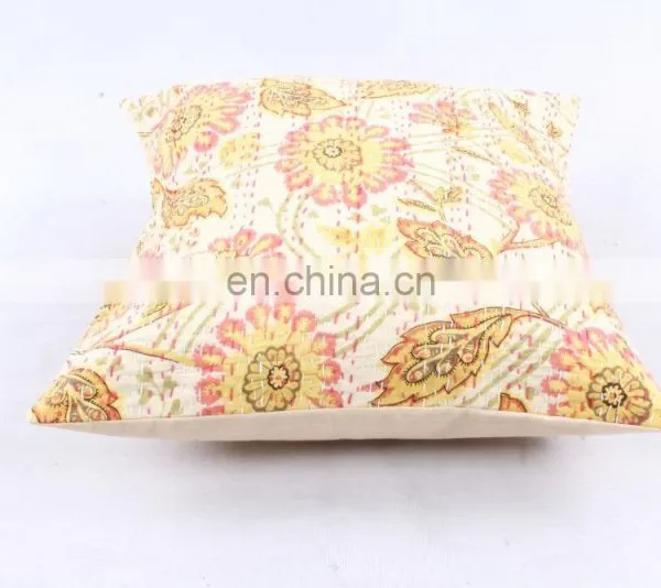 Hand Stitched Handmade Indian Cream Flowlers Floral Design Cushion Cover Decorative Pillow Cover Handmade Kantha Cushion Cover photo-3