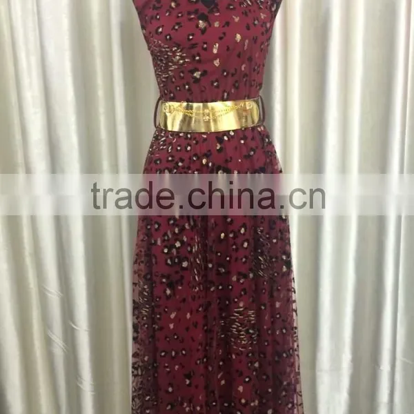 2015 Fashion Gilding Leopard Printed Mesh and Mentel Around the Neck Dress With Golden Belt