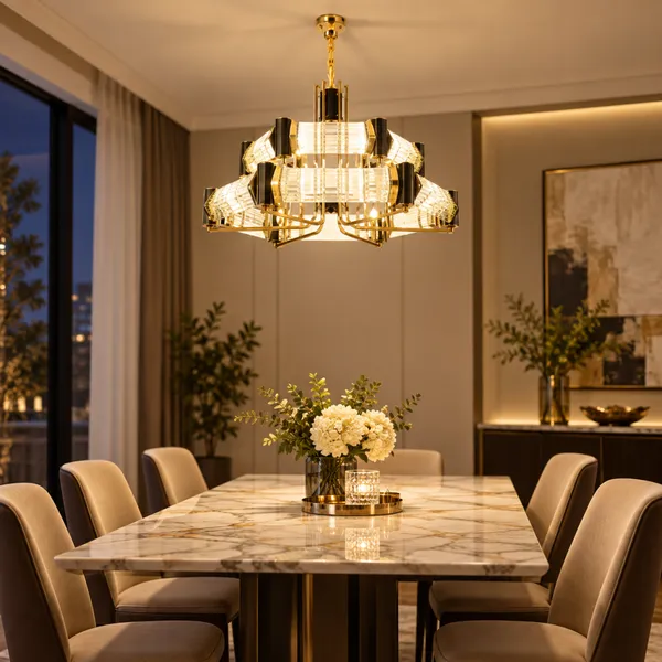 Modern Luxury Crystal Chandelier, Gold & Black Geometric LED Pendant Light for Living Room Dining Room Villa