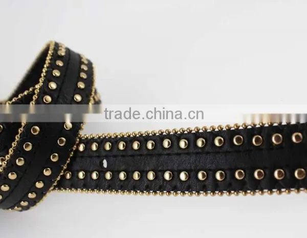 Women's Fashion Gold Metal Studded PU Black Leather Jeans Belt With Double Bean Chian photo-6