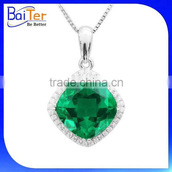 Fashion White Gold Plated Flower Shaped Cubic Zircon Pave CZ 925 Sterling Silver Lab Created Diamond Emerald Pendant photo-4