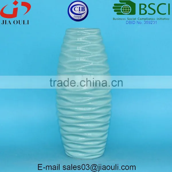 Embossed Wave Design Glazed Ice Blue Modern Ceramic Vase for Home Decor photo-4
