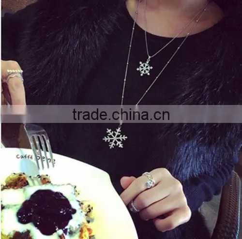 Cheap Crystal Rhinestone Double Snowflake Pendant Silver Necklace Women Xmas Gift photo-2