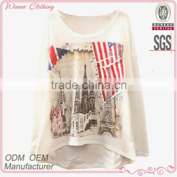 Lady Garment Clothing Manufacturer Long Sleeve Loose Fitting O-neck Shorter Front Printed T-shirt