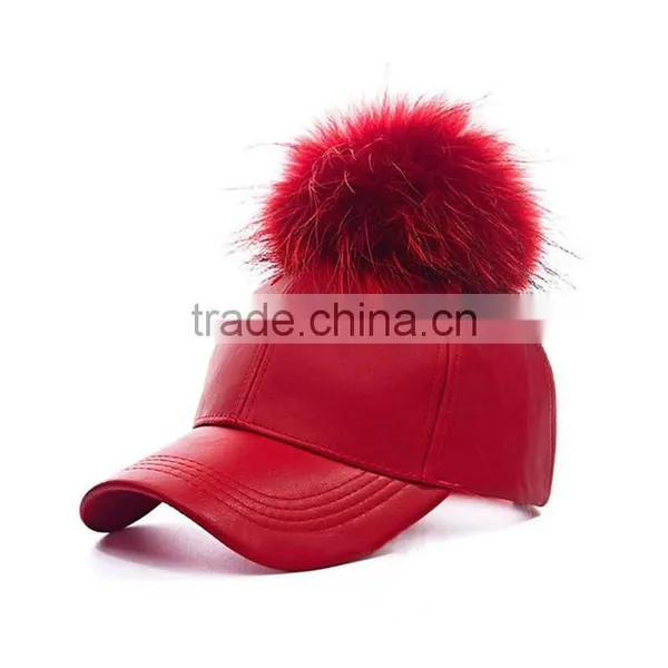 Myfur Wholesale Colors Winter Leather Pom Baseball Cap With Fur Pom Pom photo-4