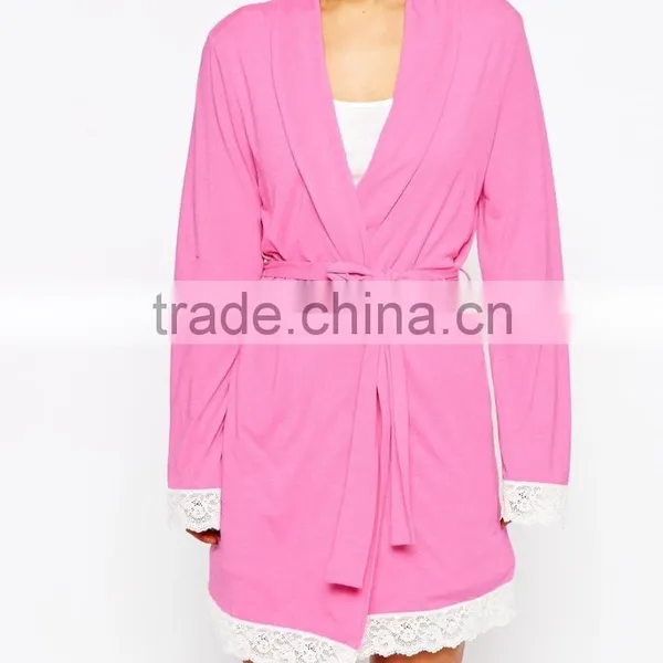 New Arrival Jersey Fabric Comfortable Fit Simple Robe Lace Trim Robe for Lady photo-3