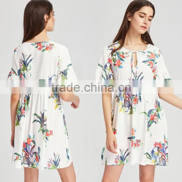 WHITE Flower Designed Short Dress, Women Chiffon Short Sleeve Dress photo-5