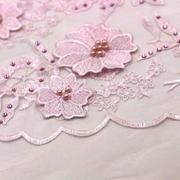 Dot Com Pink Pearls Tulle Lace Fabrics 3d Flowers Embroidery Designs African French Lace photo-4