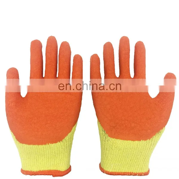 Cheap Type 10G 2Yarn Yellow Polycotton Liner Orange Latex Crinkle Coated Safety Gloves for Construction photo-2