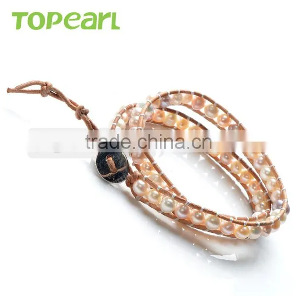 Topearl Jewelry Potato Shape Freshwater Pearl Bracelet Stylish Woven Leather Wrap Bracelets for Women Jewelry CLL160 photo-2