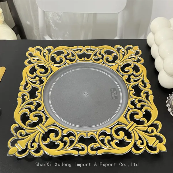 Luxury 12 Inch Gold Rim Square Plastic Charger Plate Candy Chocolate Fruit Plate for Wedding Party Event photo-2