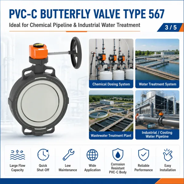 PVC-C Wafer Butterfly Valve Type 567 With Gear Box For Chemical And Industrial Pipeline photo-3