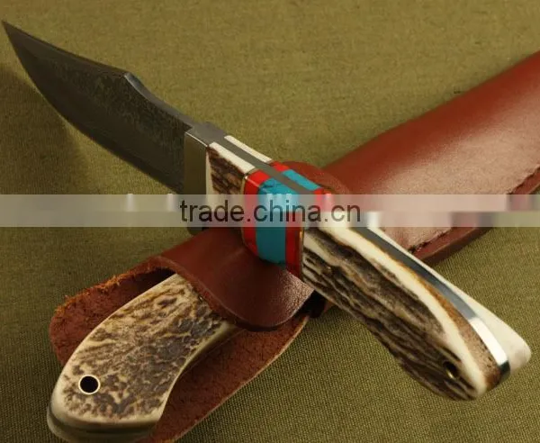 OEM Damascus Steel Antler Wood Handle Full Tang Knife photo-3
