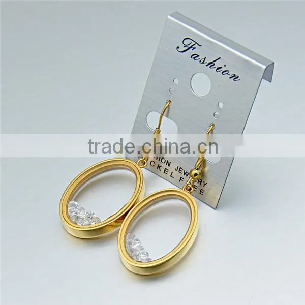 Gold Plating Oval Earrings Stainless Steel Glass Zirconia Float Dangle Earrings photo-2