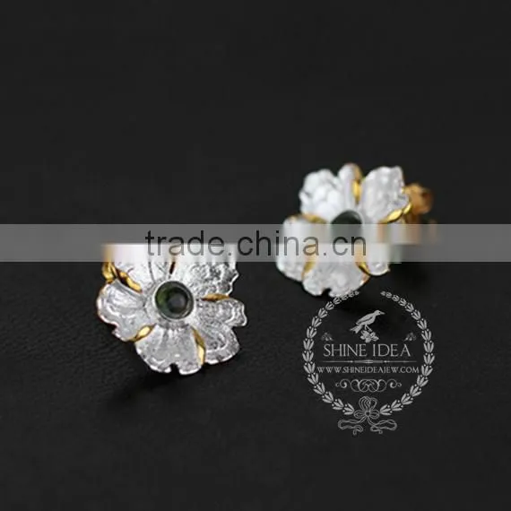 925 Sterling Solid Silver Peony Flower Green Yellow and Blue Tourmaline Earring Stud Fashion Women Earring DIY Jewelry 6730608 photo-2