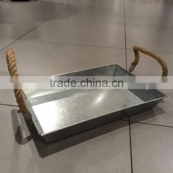 Rope Handle Antique Metal Serving Tray Rectangle Galvanized Serving Tray photo-2