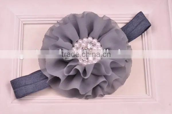 Chiffon Flower Headband With Pearl Beads Center for Kids Hair Accessories photo-4