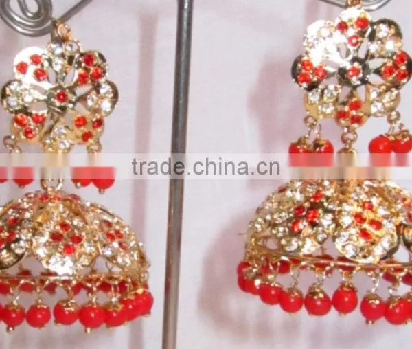 JADAU GOLD PLATED Dangler ORANGE BEADS JHUMKA TEMPLE EARRINGS Real Look photo-2