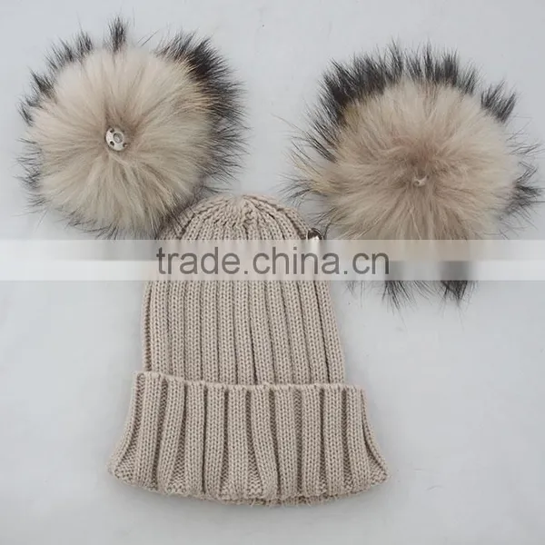 Myfur Cute Double Raccoon Fur Pom Poms Attached Ribbed Knitting Hat Wholesale photo-5