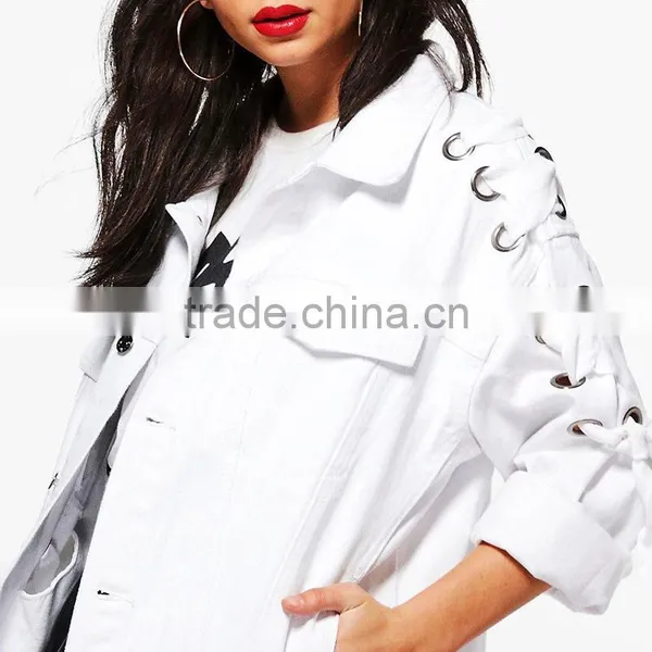 Lace up Eyelet White Denim Jacket New Fashion Wholesale Women Street Wear photo-3