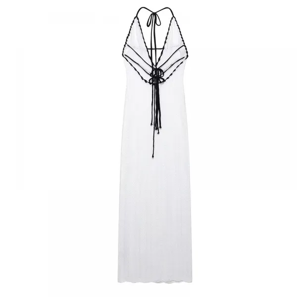 Ins European and American V-neck Hanging Neck Backless Knitted Beach Dress With Hollow Out Sexy Slim Fit Strap Beach Dress, Long Skirt for Women photo-4