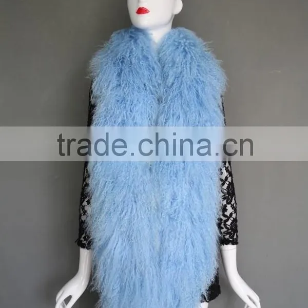 Women Long Mongolian Fur Scarf Winter Warm Neck Collar Real Sheep Fur Muffler Stole photo-5