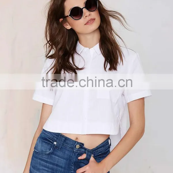 Lady's Slim Cotton Collared Solid White Shirt Short Sleeve Blouse photo-5