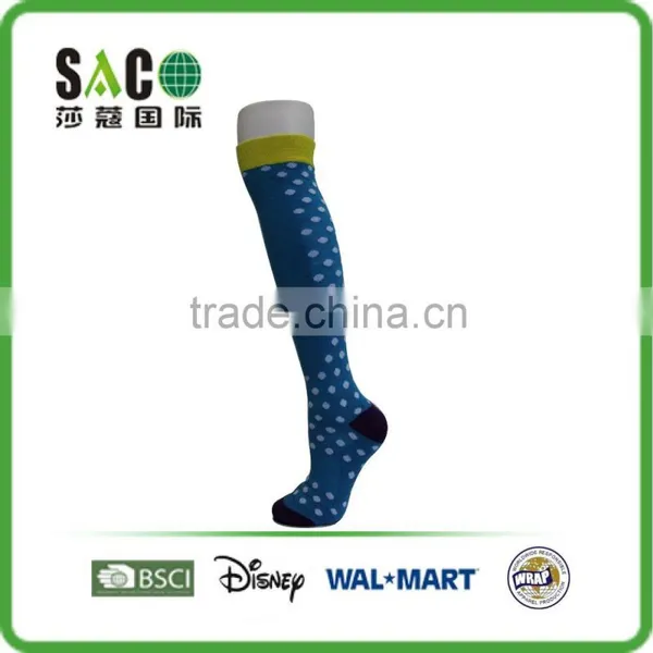 Fancy Yellow Cuff White Dots Blue Knee High Sports Socks photo-4