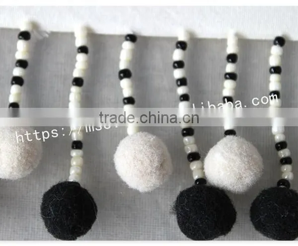Newest 7cm Width Black/white Handmade Beaded Pom Pom Fringe Wholesales photo-3