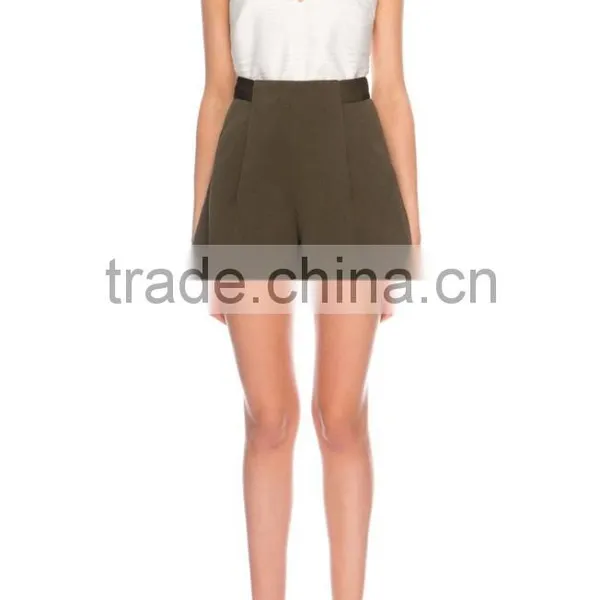 High Waist Women Army Green Wide Legging Shorts With Two Pocket photo-2