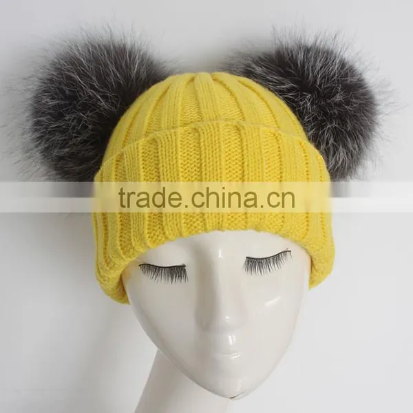 Myfur Yellow Color Wool Knitting Beanie Hat With Genuine Silver Fox Fur Pompoms photo-2
