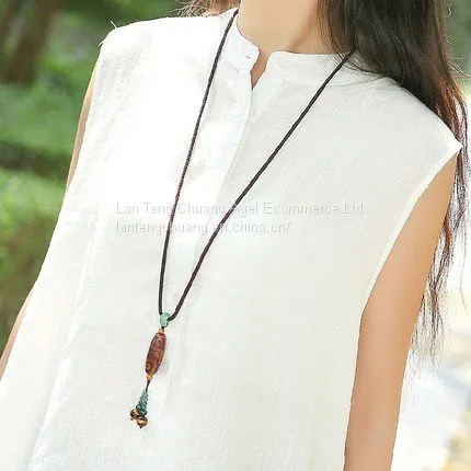 Nine Agate Pendant Necklace Pendant Accessories Simple Retro Vain Long Folk Style Agate Female Sweater Chain photo-2