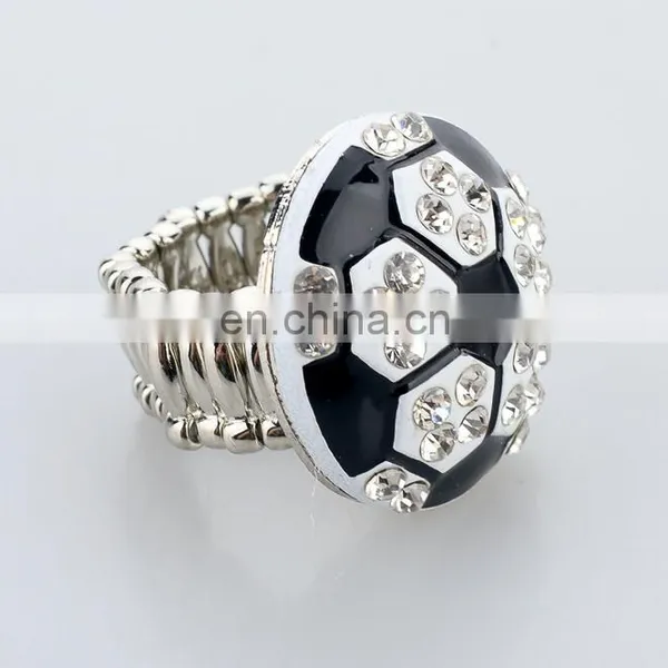 Wholesale Fashion Jewelry Silver Plating Soccer Rings,adjustable White Rhinestone Black Enamel Soccer Rings photo-2