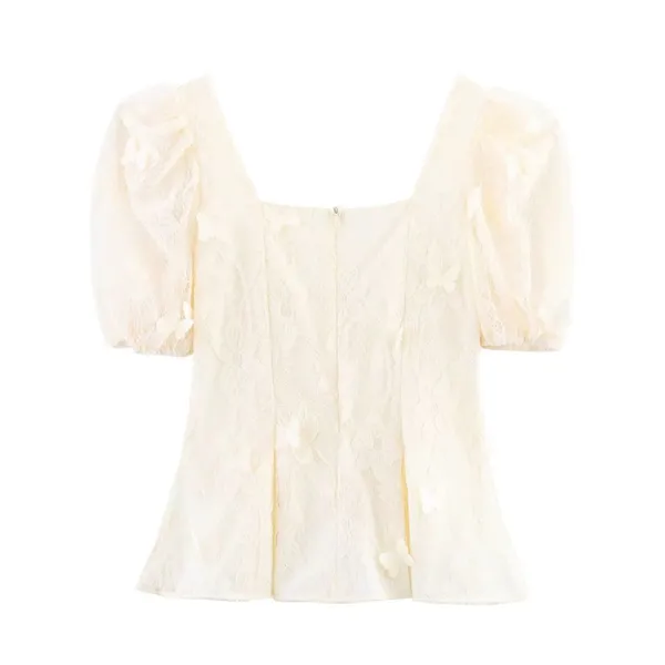 2025 New Chiffon Printed Women's Summer Outfit, New Cover Belly Slimming Round Neck Embroidered Bubble Sleeve Top photo-4
