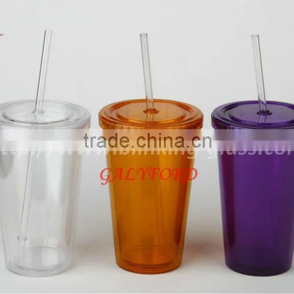 BPA Free Double Wall Plastic Cups With Straw Double Wall Tumbler - 16OZ photo-2