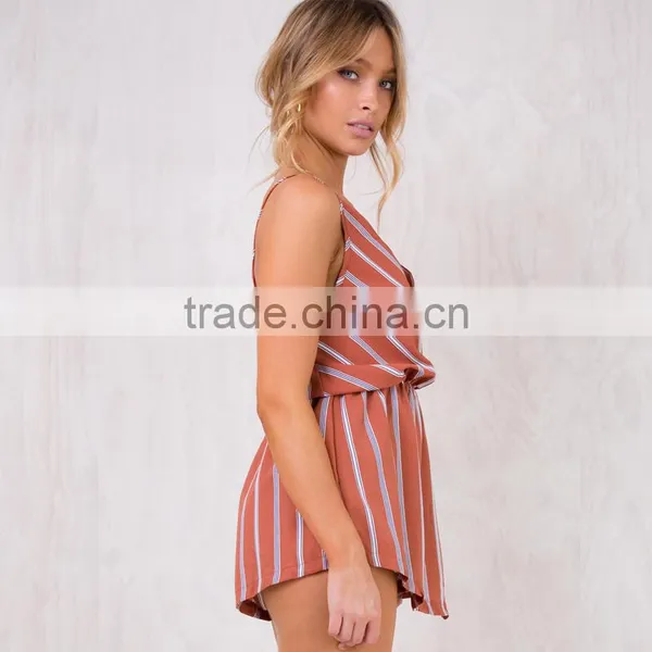 Simple Linen Cotton Clothing Models for Women Fashion Striped Playsuit photo-3