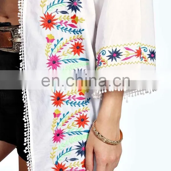 BRIGHT EMBROIDERED KIMONO Latest Beach Kimono Soft Cotton Fabric Embroidered Kimono With Fringed Hem photo-4