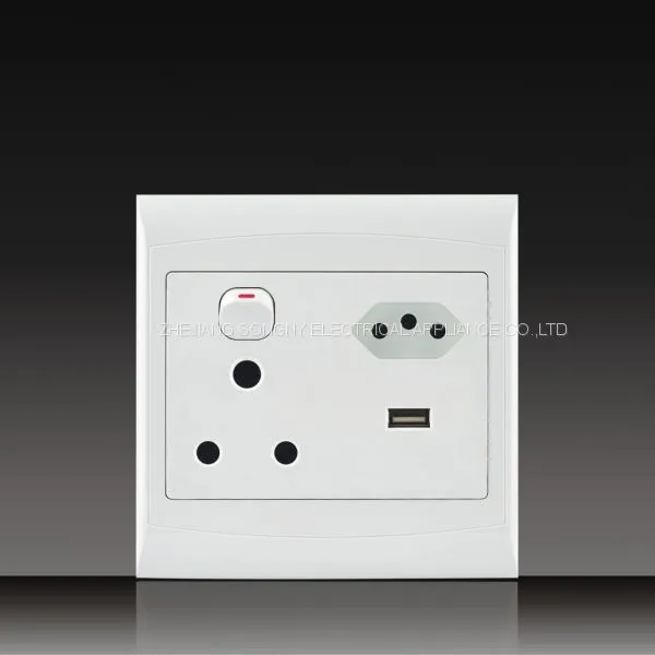 South Africa PC Material Push Button With Indicator Electrical 16A 250V Switched Socket + Euro Socket and MF Double Socket photo-3