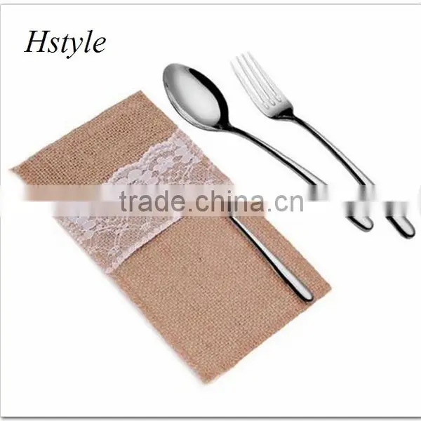 Lace Bowknot Tableware Holder Burlap Knife and Fork Bag for Wedding Decoration SPT128 photo-3
