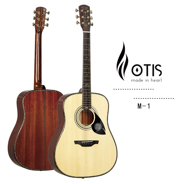 Гитара OTIS M1 акустическая, 41 дюйма, стиля D, полностью из цельного дерева (верхняя дека из отобранного старого немецкого елового дерева, задняя дека из сафлорового груша) с мозаикой из ракушки абалоня и высокой глянцевой отделкой
