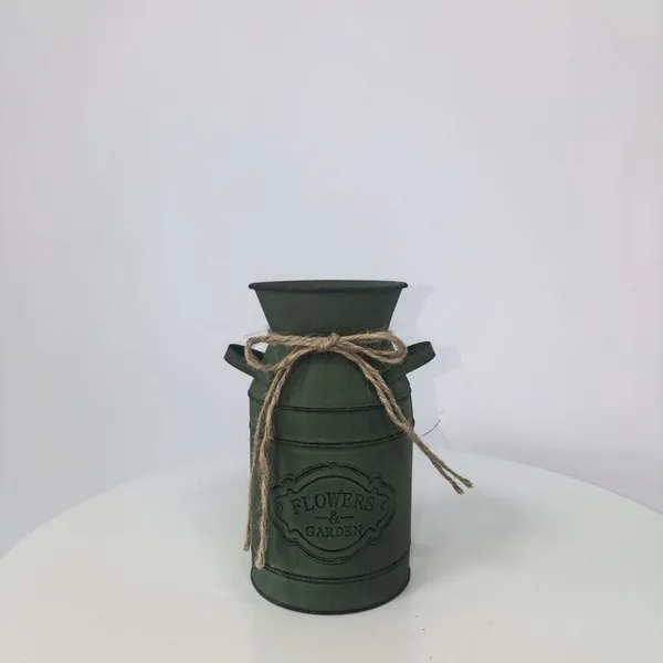 Dark Green Distressed Metal Milk Can Vase With Jute Rope, Farmhouse Embossed Flower & Garden Metal Jug