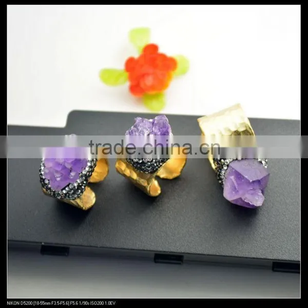 LFD-0016R ~Fashion Jewelry Gold Plated Nature Amethyst Quartz Rings, Crystal Rhinestone Paved Gems Druzy Ring Adjustable Size photo-3